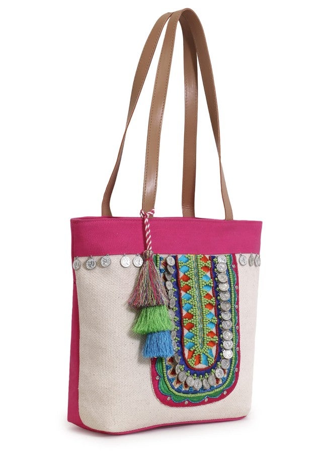 Anekaant Boho Natural & Multicolor Cotton Jute Boho Embellished Tote Bag - Image 2